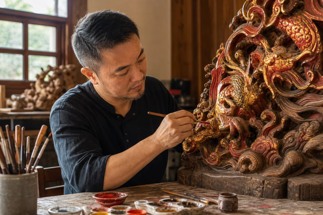 工藝師專注修整宮廟文化作品的細節